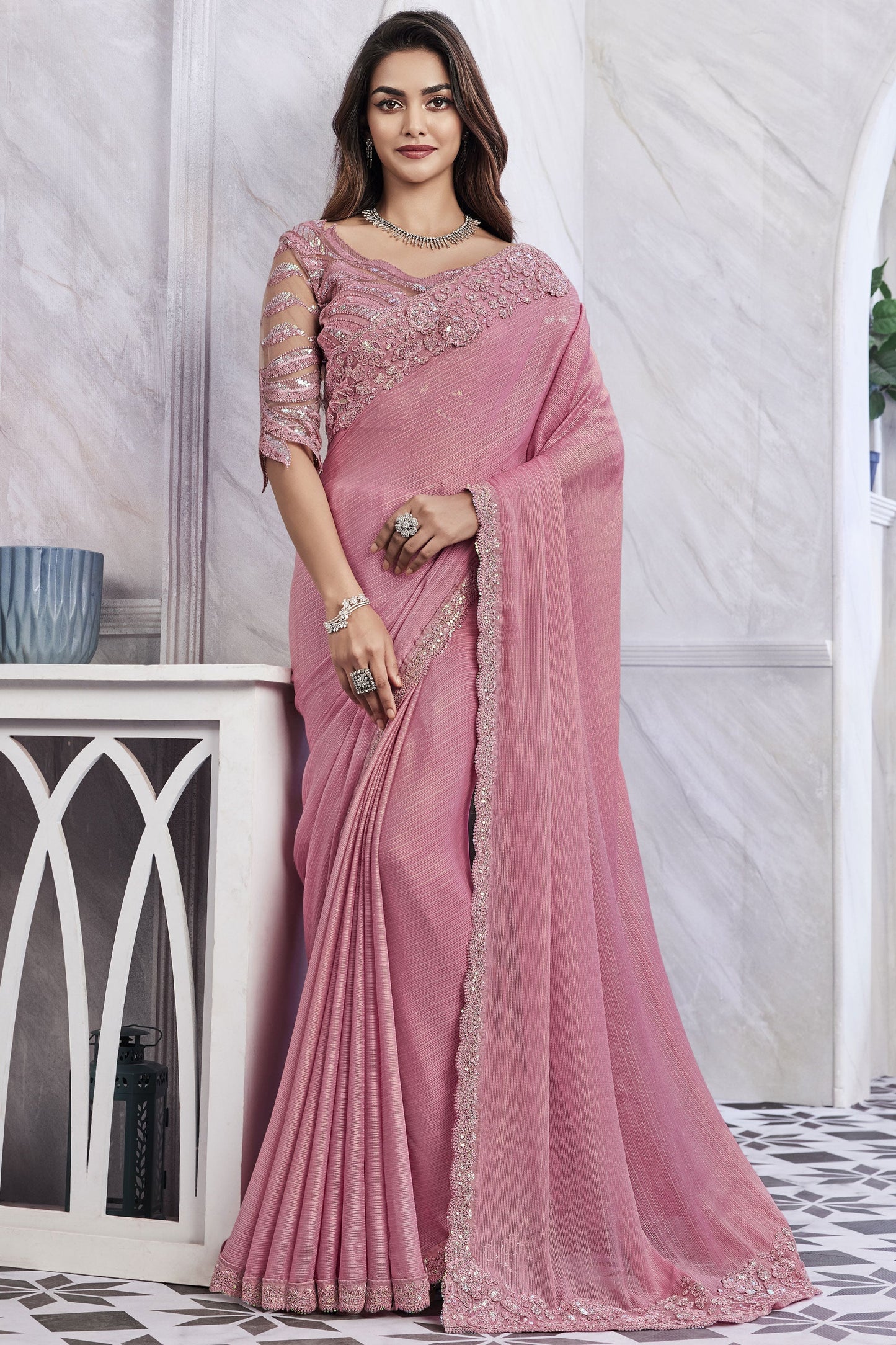 Border Work On Art Silk Fabric Bewitching Saree In Pink Color
