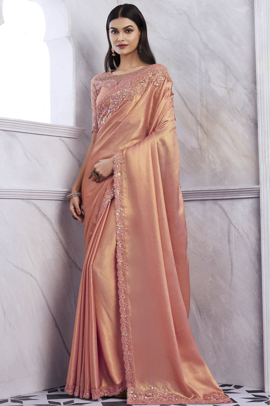 Art Silk Fabric Peach Color Excellent Saree With Border Work