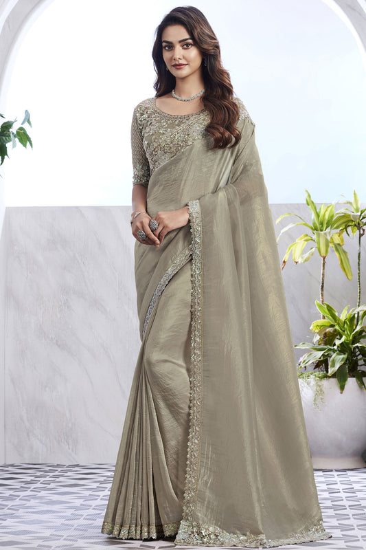 Cream Color Art Silk Fabric Engaging Saree With Border Work