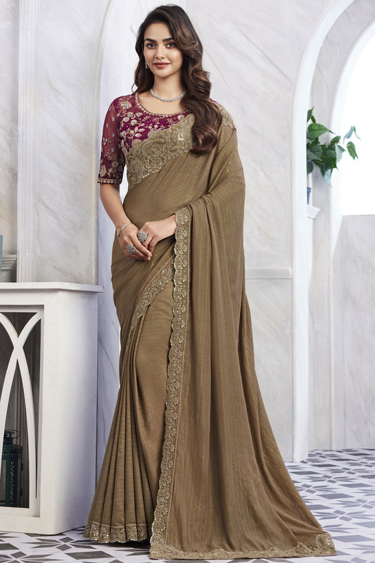 Chikoo Color Border Work On Art Silk Fabric Stunning Saree