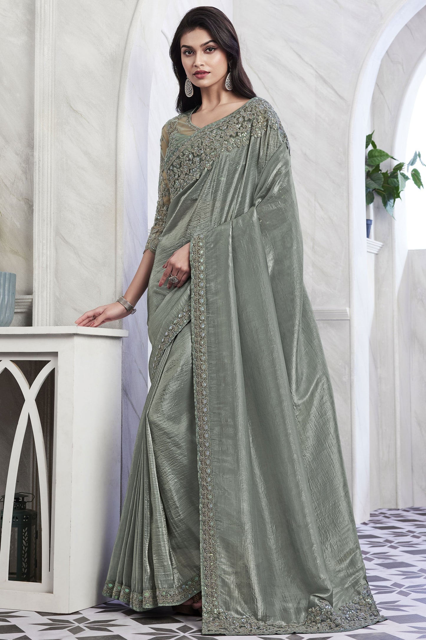 Tempting Art Silk Fabric Sea Green Color Saree With Border Work