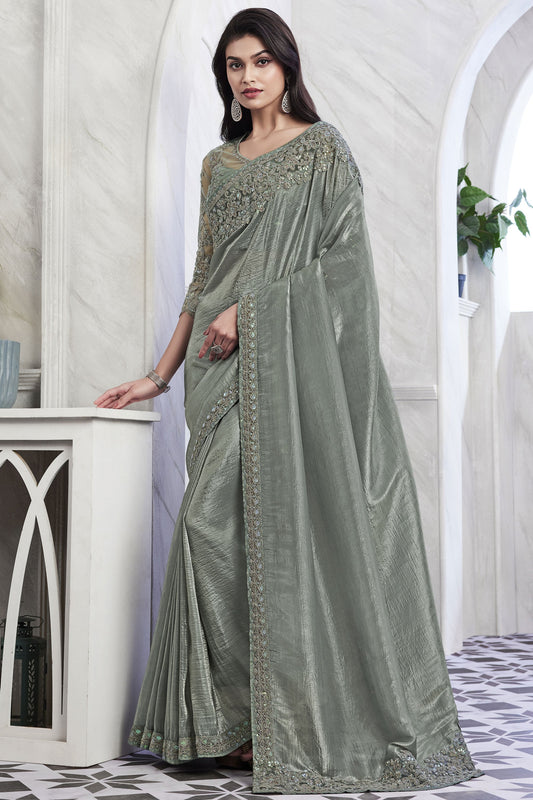 Tempting Art Silk Fabric Sea Green Color Saree With Border Work