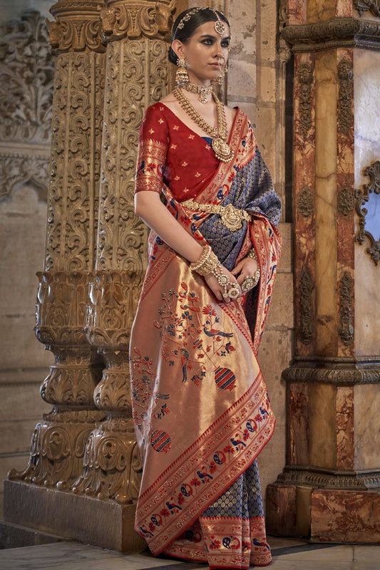 Reception Wear Patola Silk Navy Blue Color Weaving Work Saree