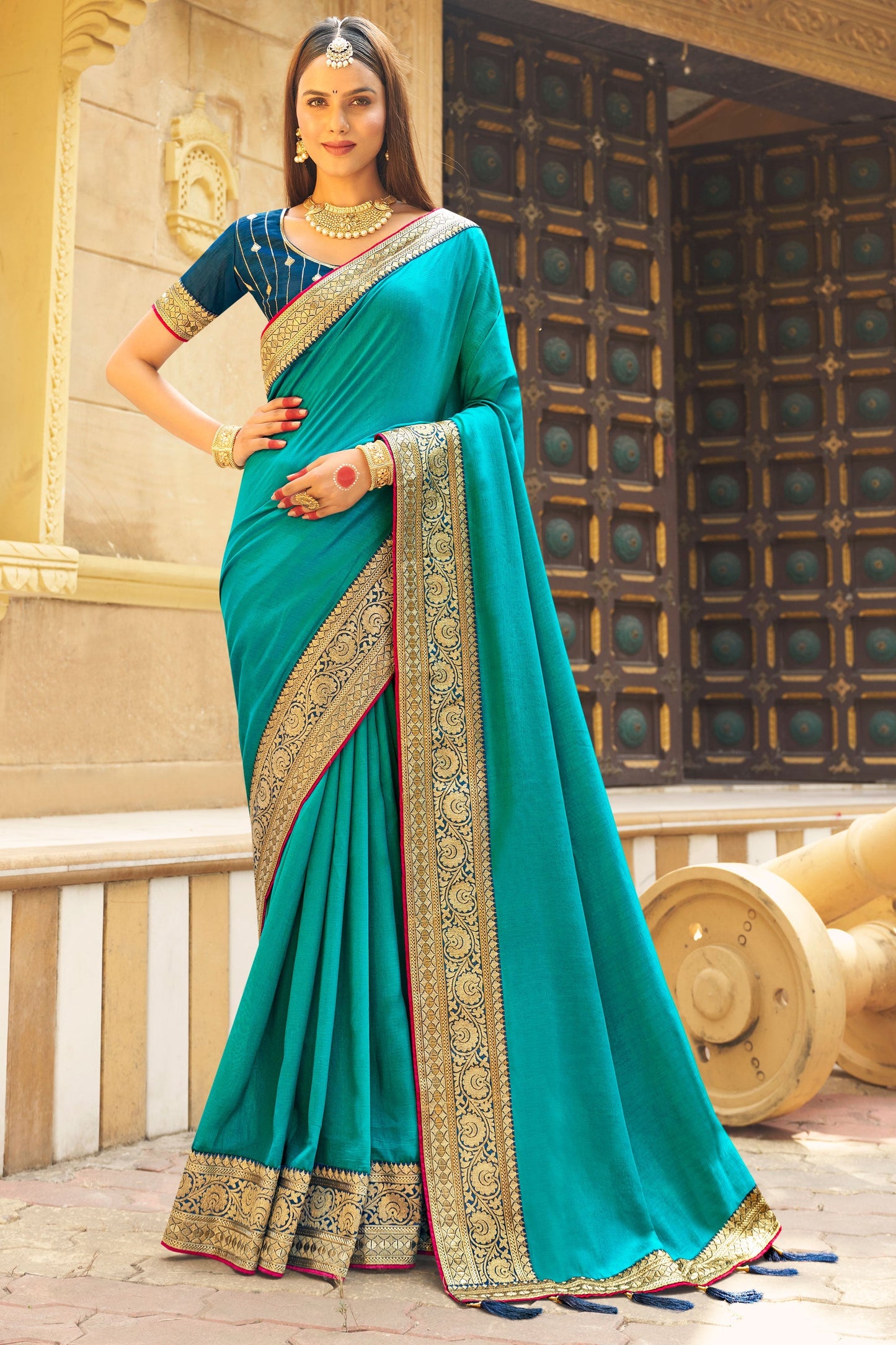 Banglori Silk Fabric Cyan Color Excellent Saree With Border Work