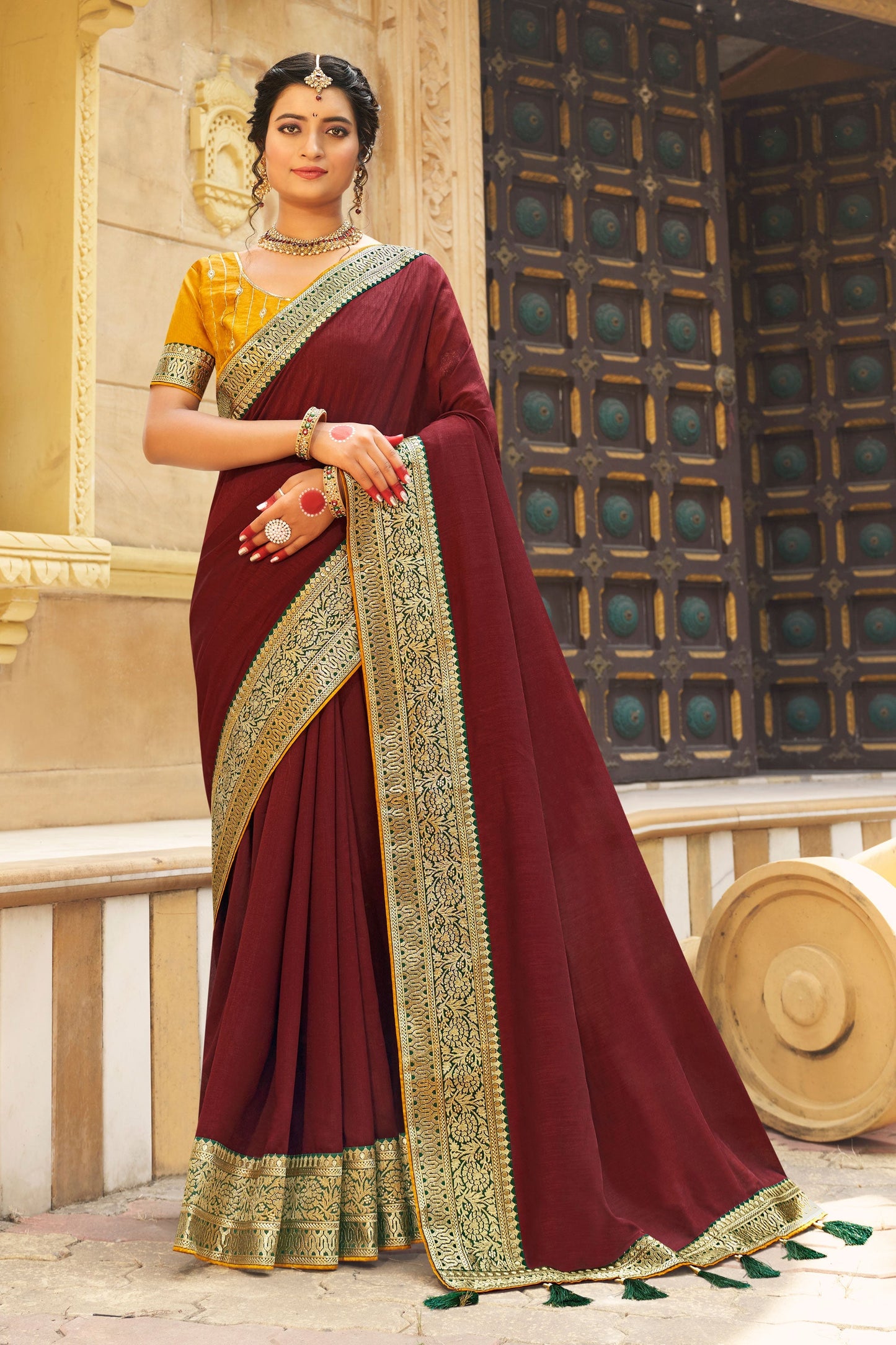 Maroon Color Banglori Silk Fabric Engaging Saree With Border Work