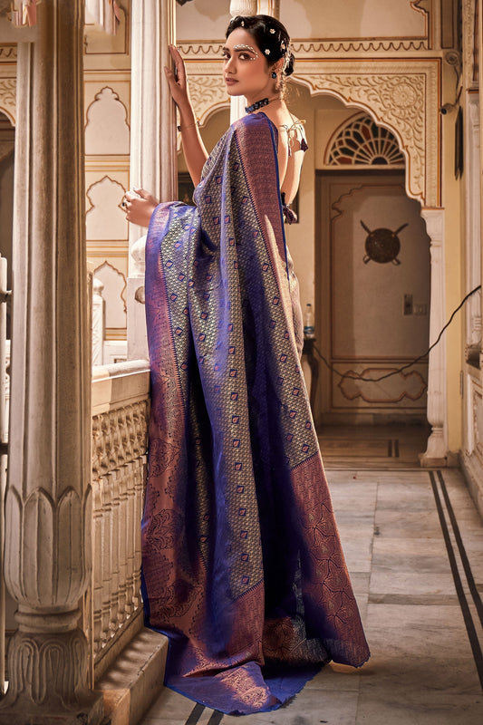 Weaving Work On Art Silk Fabric Navy Blue Color Gorgeous Saree