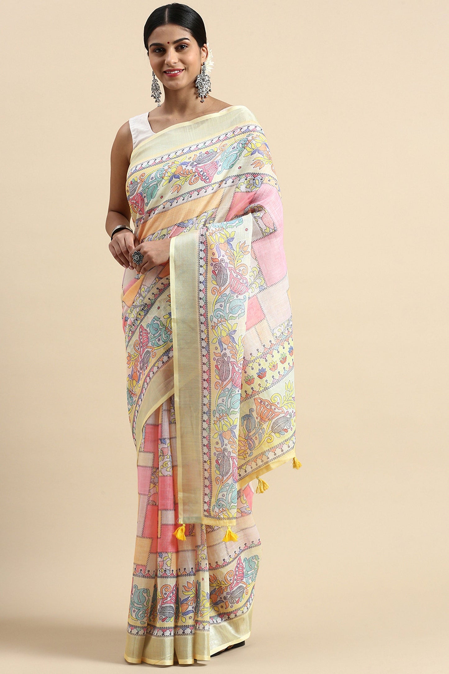 Casual Wear Soothing Printed Linen Saree In Multi Color
