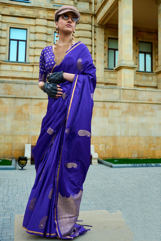 Contemporary Purple Color Satin Fabric Saree For Function