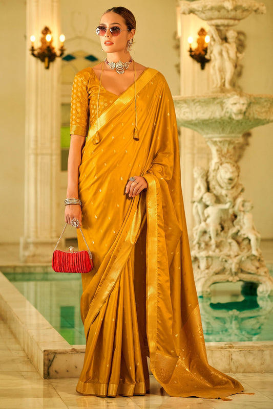 Blazing Mustard Color Weaving Work Function Wear Satin Silk Saree