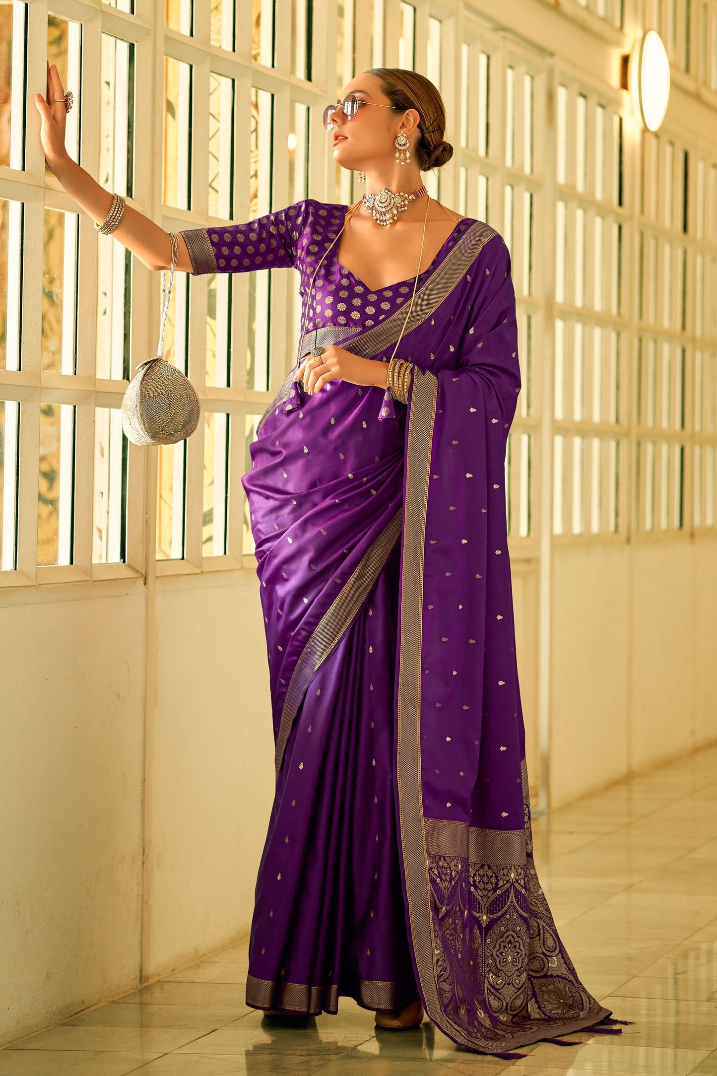 Alluring Purple Color Weaving Work Function Wear Satin Silk Saree