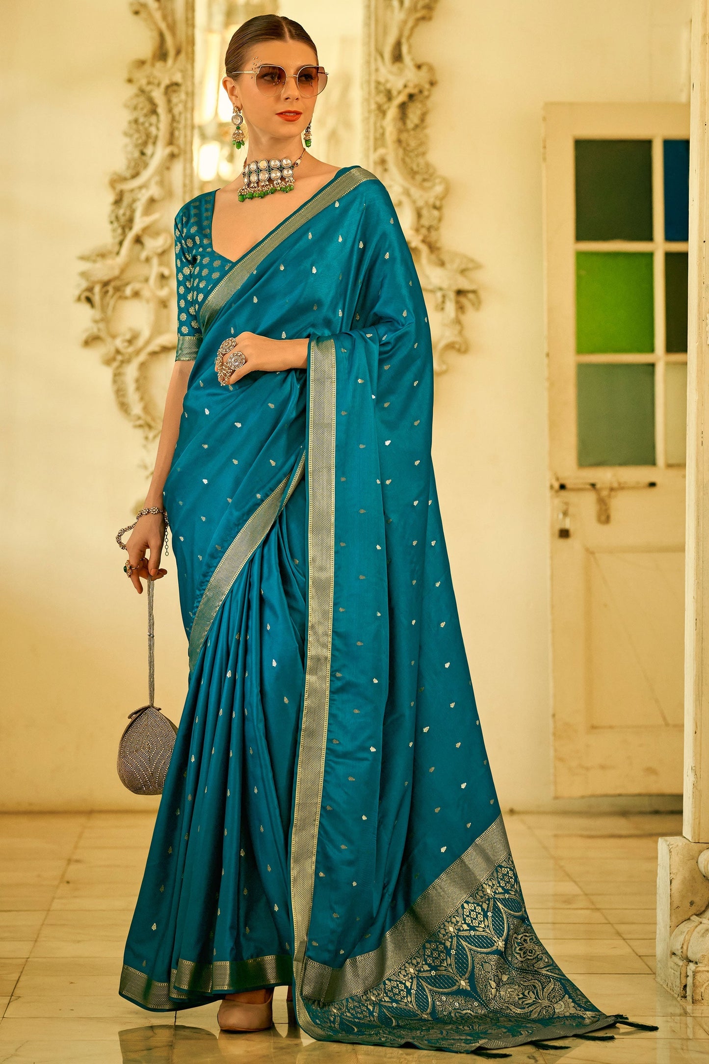 Teal Color Weaving Work Graceful Function Wear Satin Silk Saree