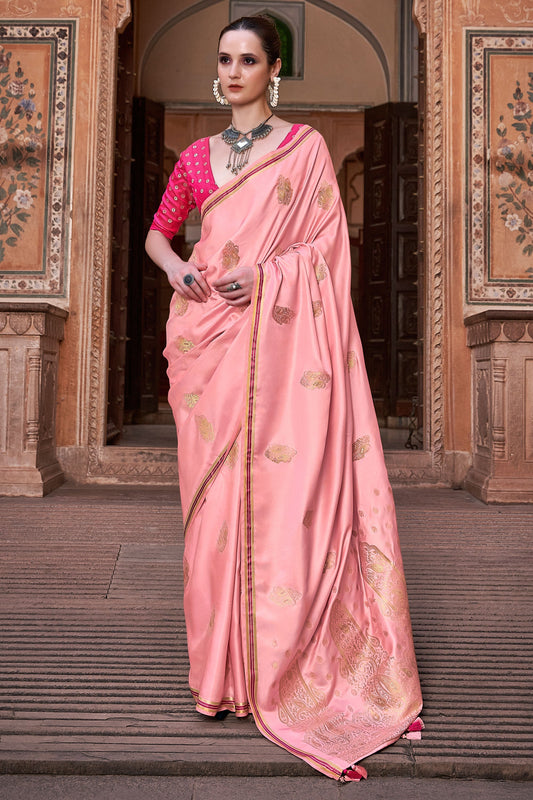 Peach Color Weaving Work Brilliant Satin Silk Saree