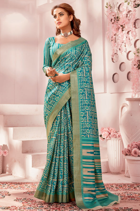 Fancy Fabric Sea Green Color Pleasance Handloom Printed Saree