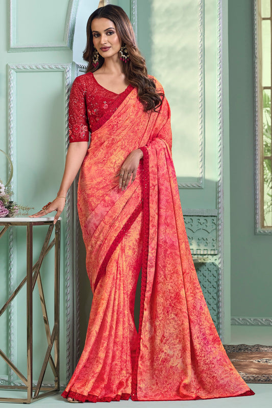 Peach Color Border Work On Chiffon Fabric Beatific Saree