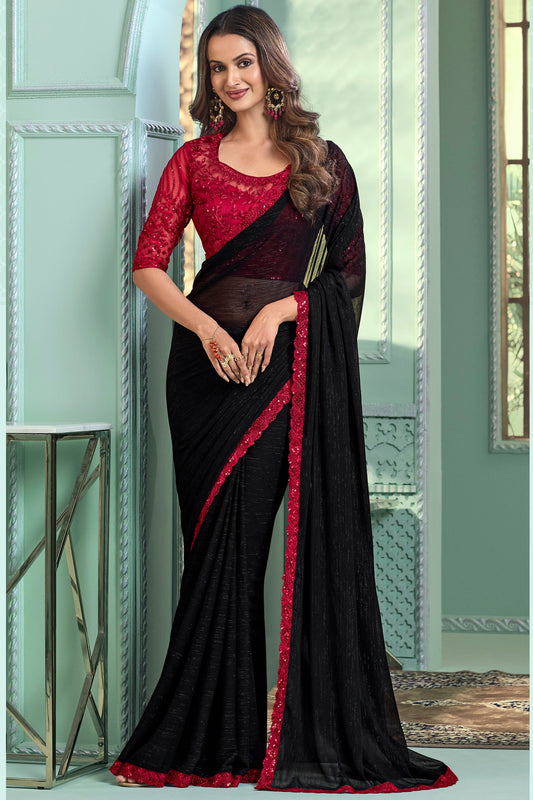 Marvellous Border Work On Chiffon Fabric Saree In Black Color