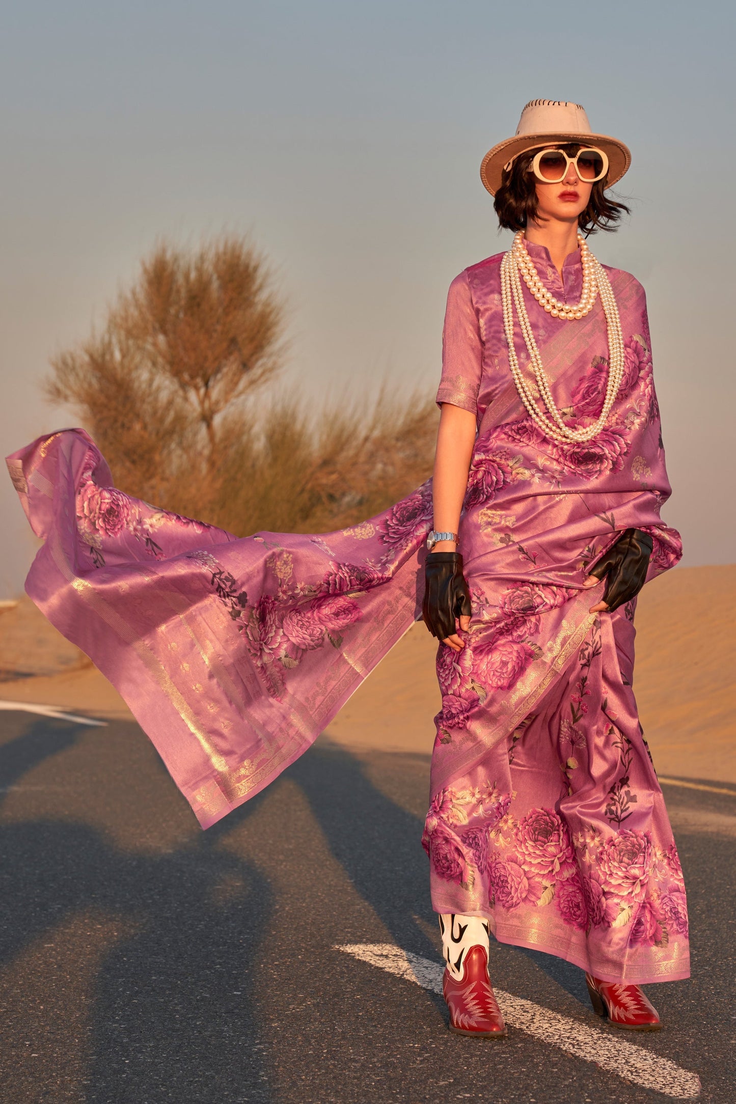 Pink Color Fascinating  Floral Printed Art Silk Saree