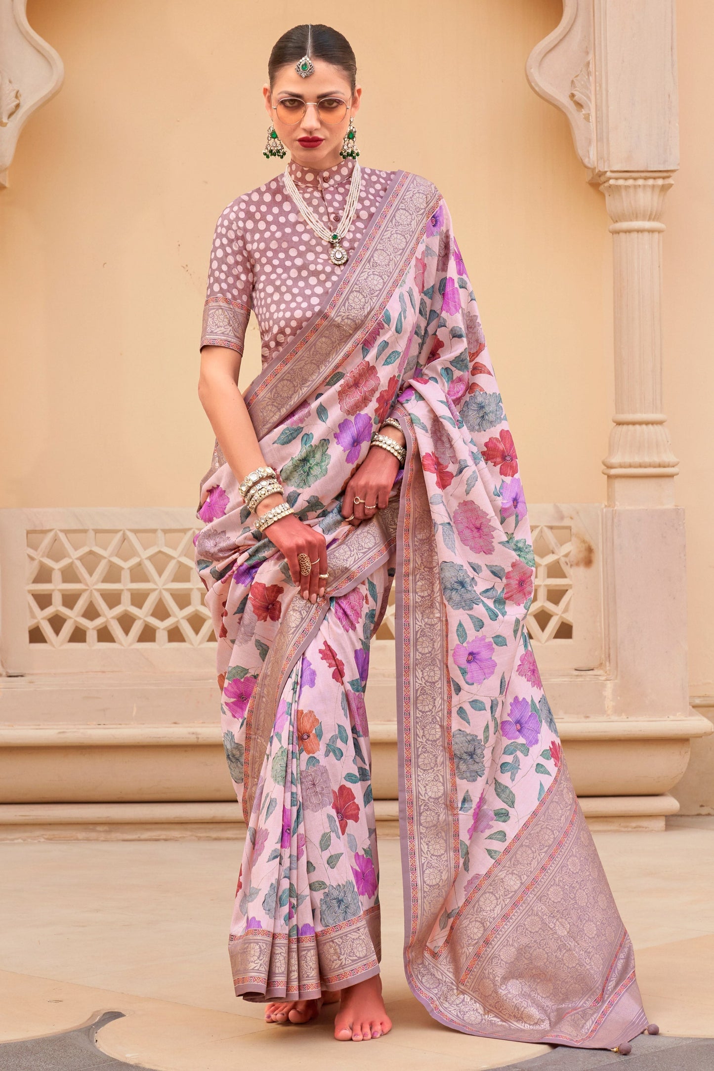 Pink Color Art Silk Festive Wear Saree With Printed Blouse