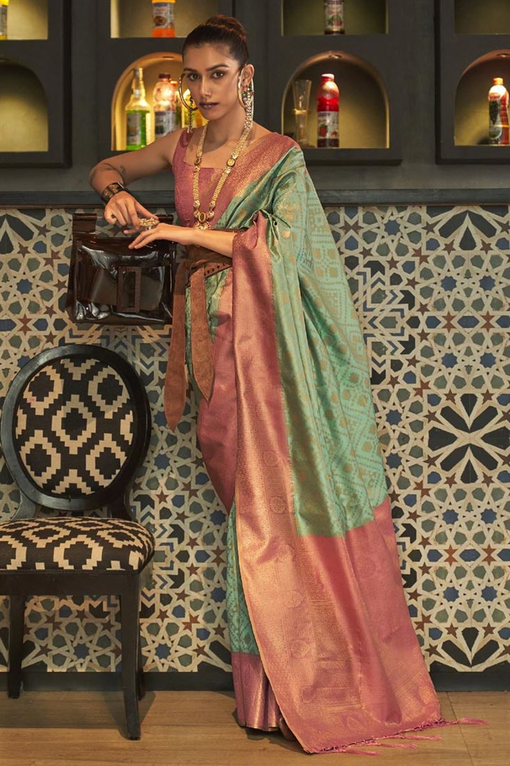 बुनाई का काम समुद्री हरा रंग कला रेशम चमकदार साड़ी
