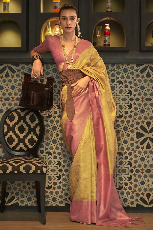 बुनाई के काम के साथ आर्ट सिल्क पीले रंग की शानदार साड़ी