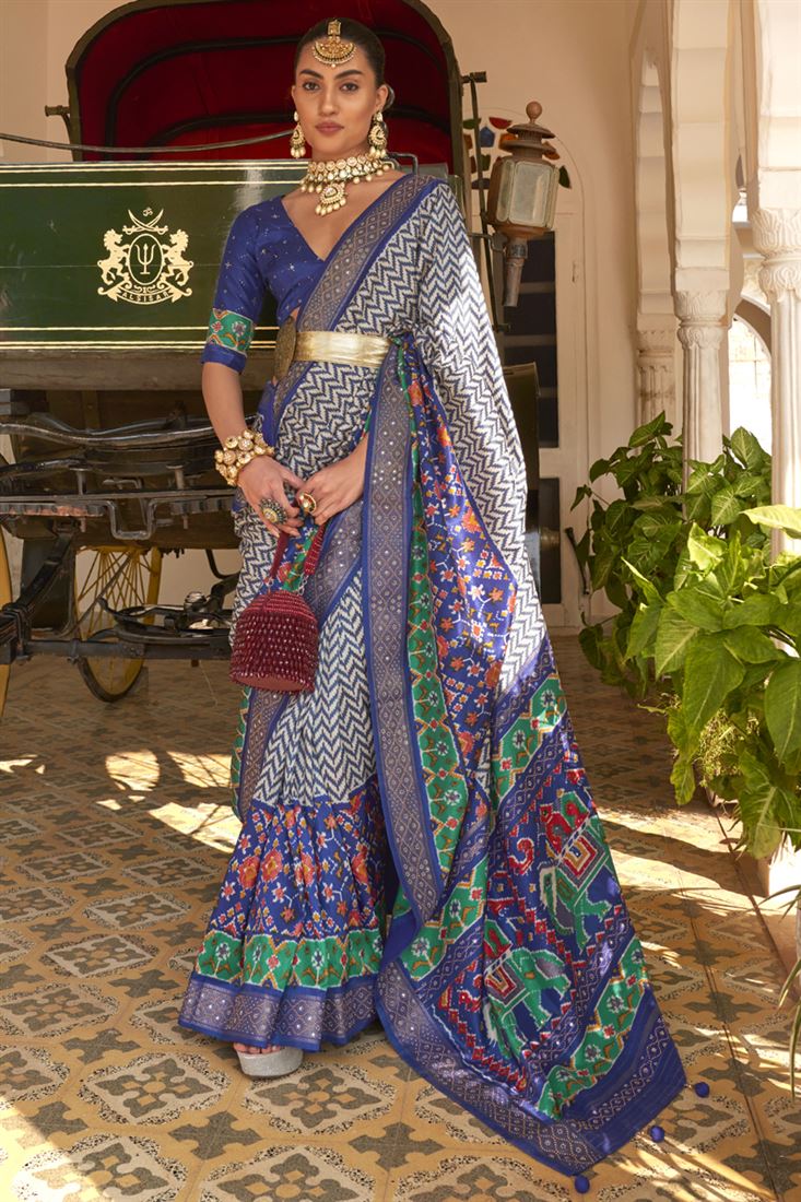 Patola Silk Fabric Wedding Wear Blue Color Fancy Printed Saree