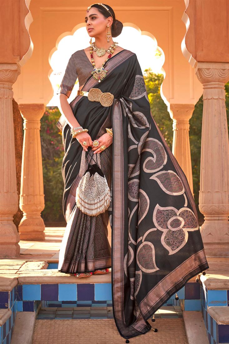 Black Color Function Wear Printed Patola Silk Fabric Saree