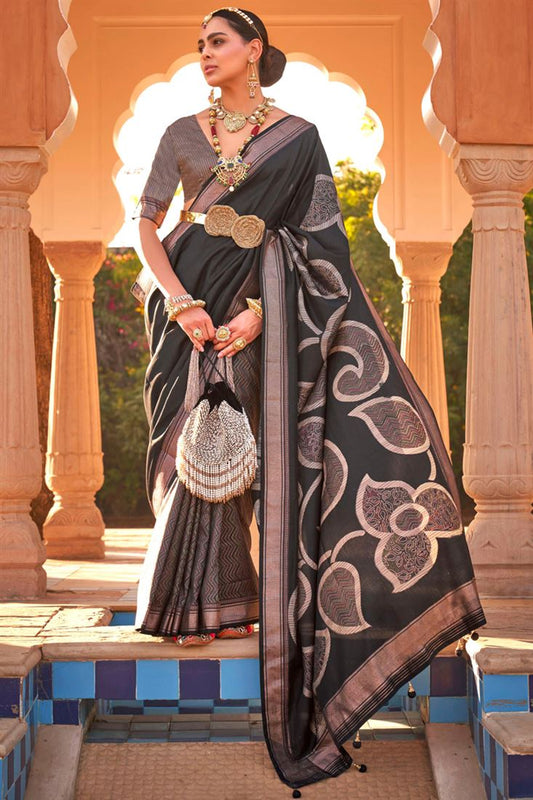 Black Color Function Wear Printed Patola Silk Fabric Saree