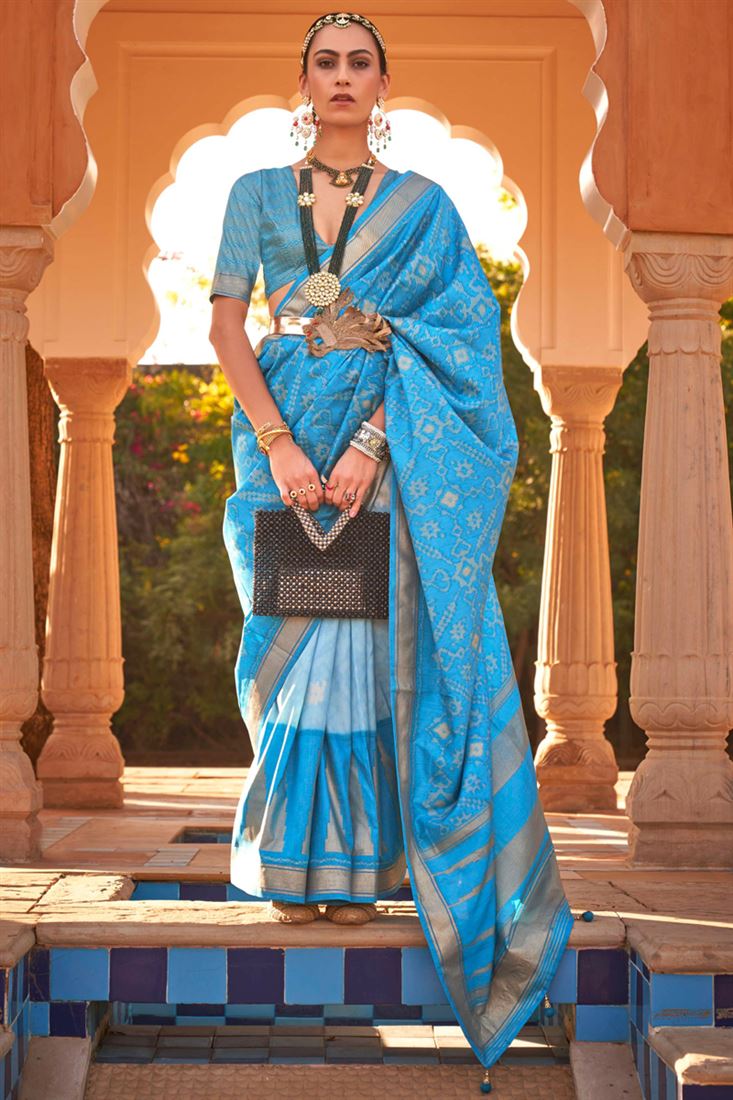 Festive Wear Sky Blue Color Printed Patola Silk Fabric Saree