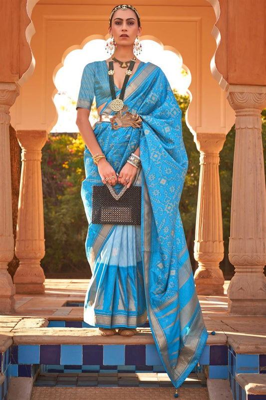 Festive Wear Sky Blue Color Printed Patola Silk Fabric Saree