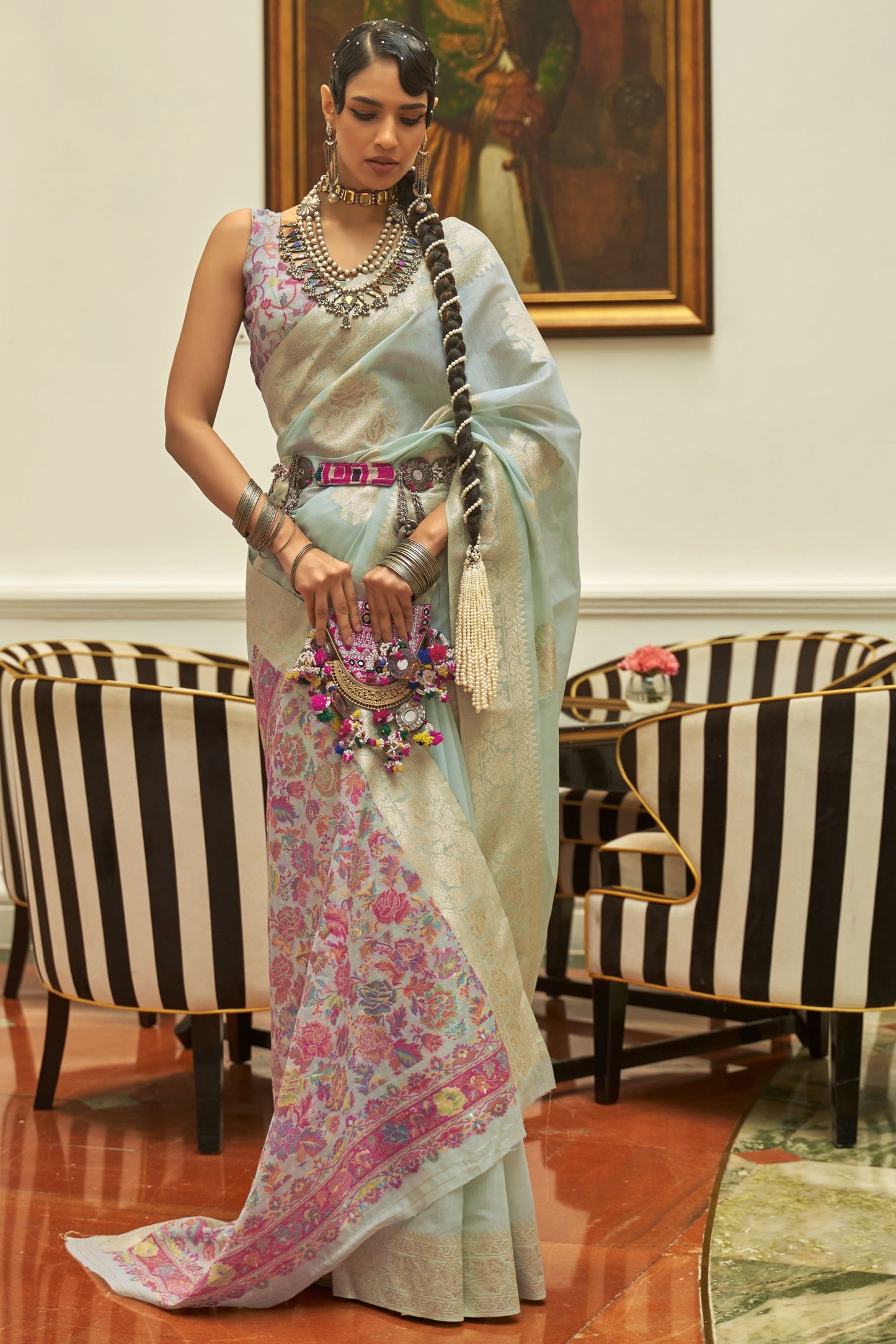 Light Cyan Color Art Silk Fabric Weaving Work Function Wear Fancy Saree