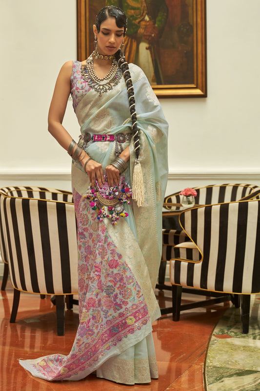 Light Cyan Color Art Silk Fabric Weaving Work Function Wear Fancy Saree
