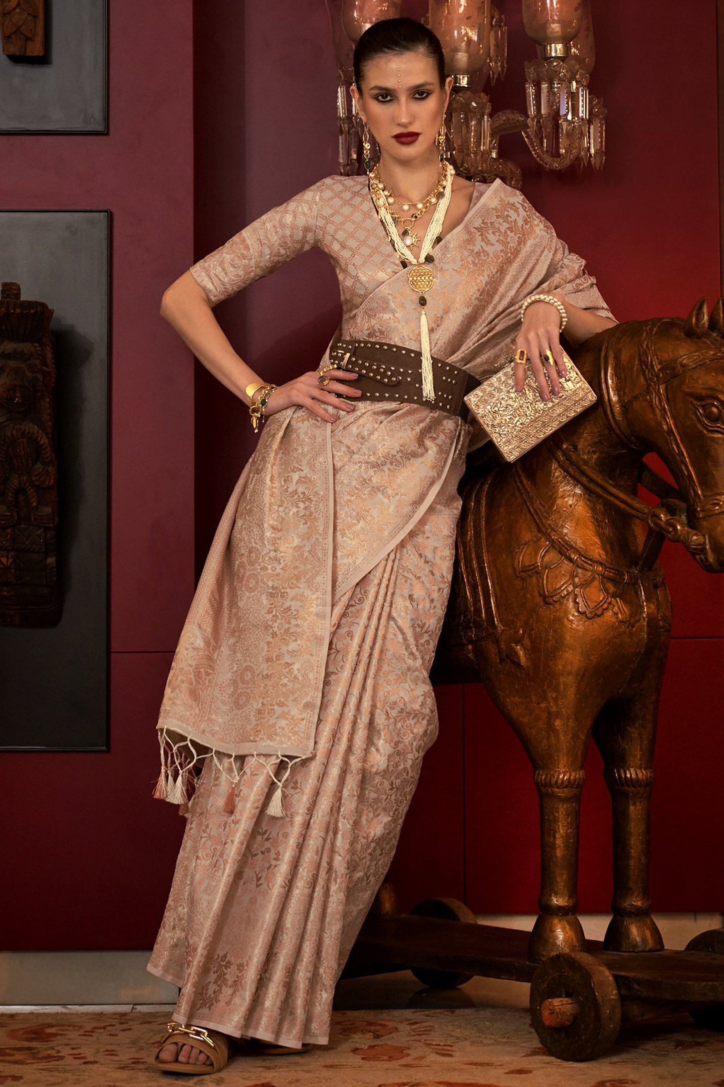 Art Silk Fabric Weaving Work Glamorous Beige Color Wedding Wear Traditional Look Saree With Same Color Blouse