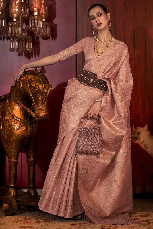 Traditional Look Pink Color Art Silk Fabric Weaving Work Saree With Same Color Blouse