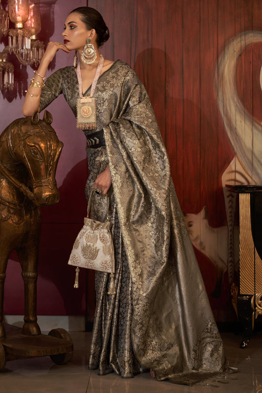 Dazzling Grey Color Art Silk Fabric Weaving Work Function Wear Saree With Same Color Blouse