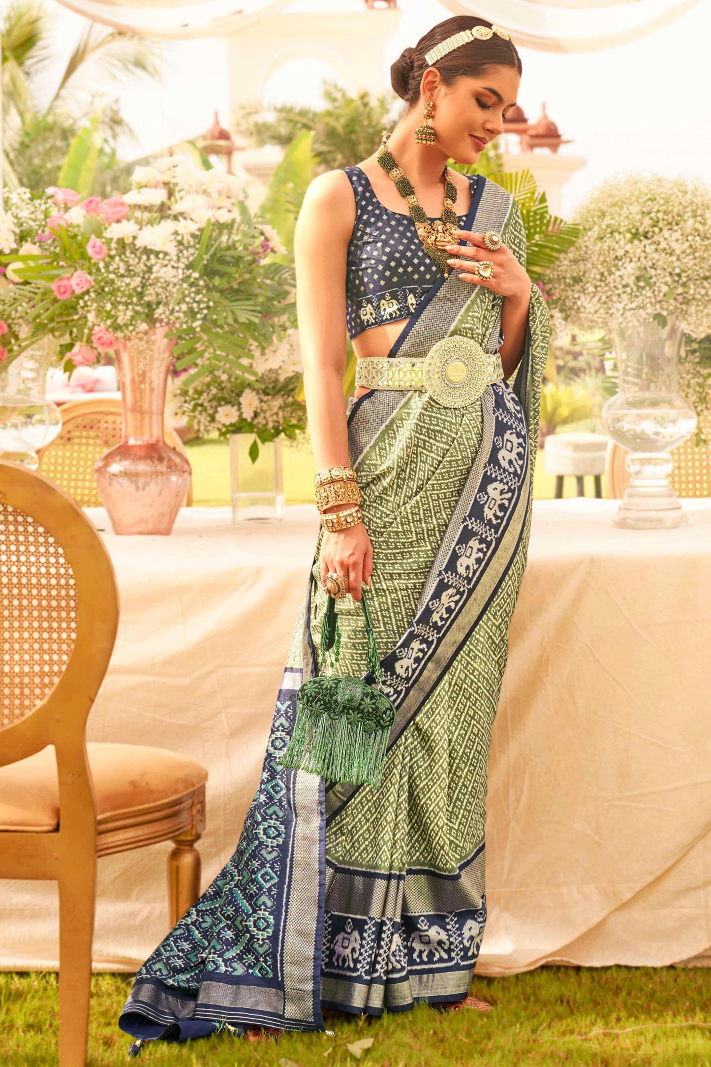 Sea Green Color Art Silk Fabric Printed Patola Saree