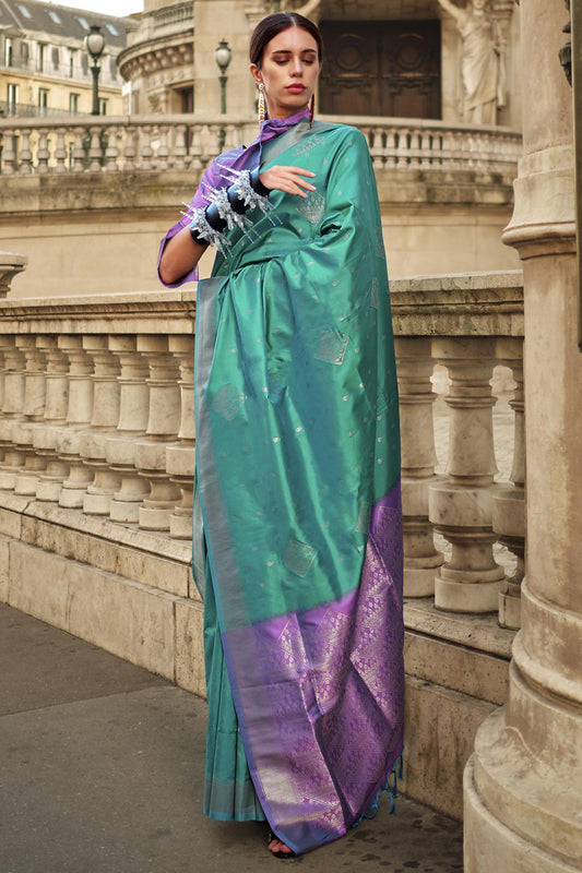 Dazzling Teal Color Weaving Work Saree In Art Silk Fabric