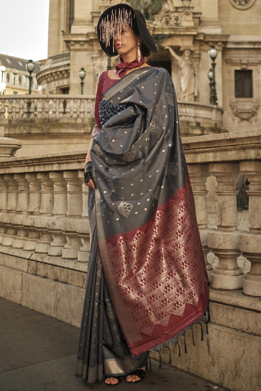 Art Silk Fabric Grey Color Winsome Weaving Work Saree