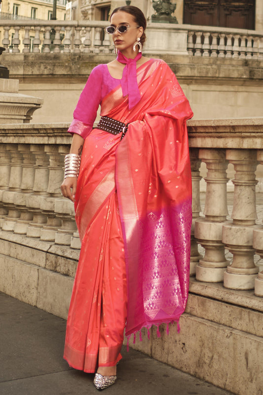 Creative Weaving Work Saree In Peach Color Art Silk Fabric