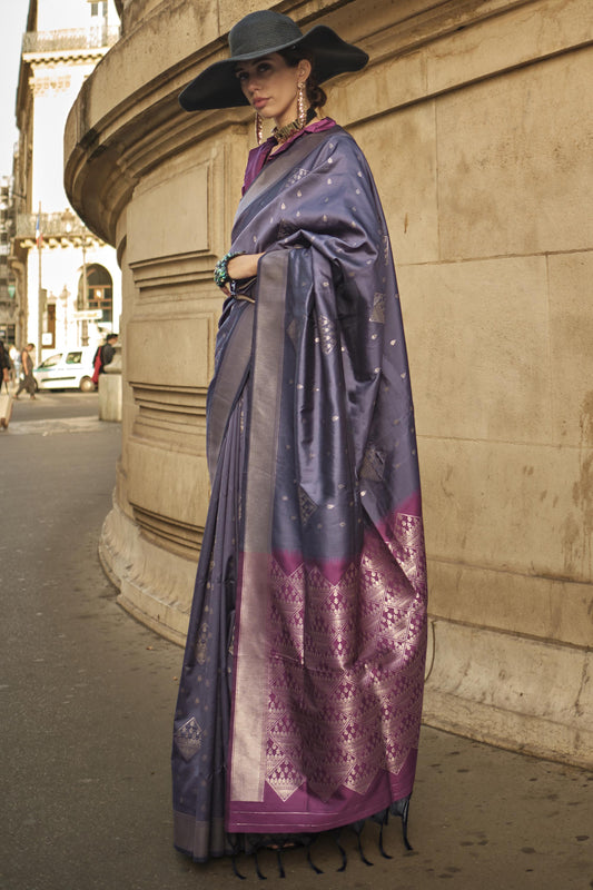 Marvelous Art Silk Fabric Weaving Work Saree In Navy Blue Color