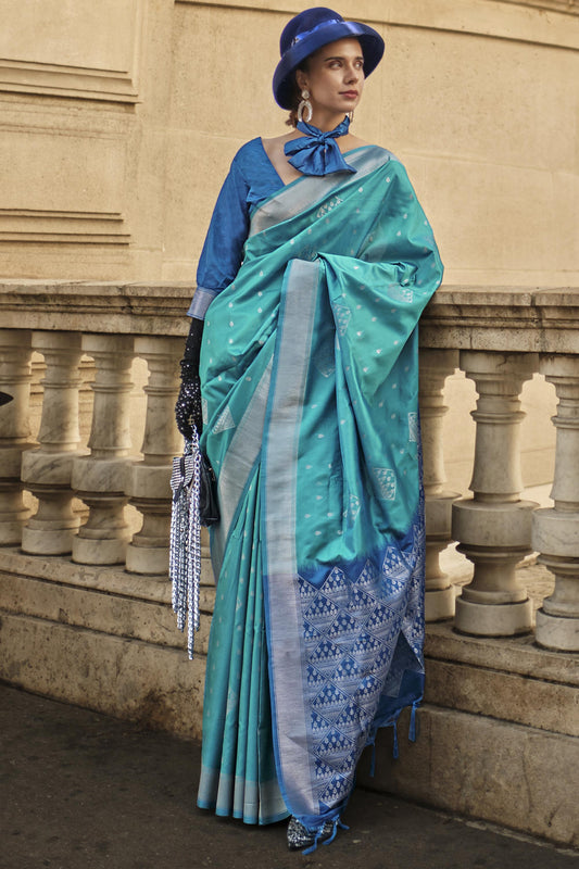 Radiant Cyan Color Art Silk Fabric Weaving Work Saree