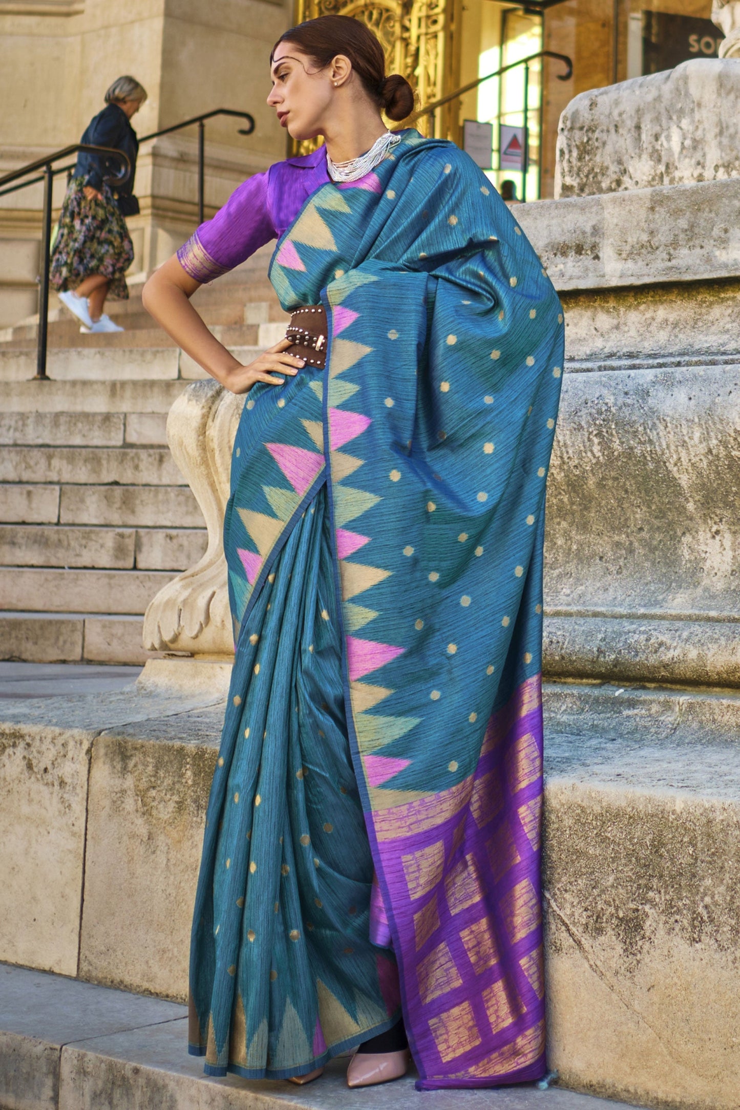 Beautiful Teal Color Handloom Weaving Art Silk Saree