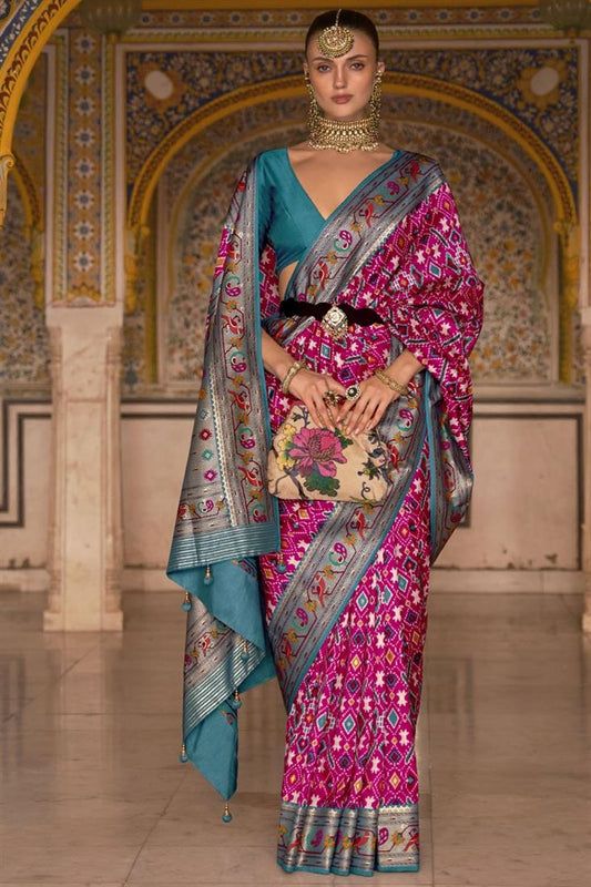 Intricate Patola Printed Art Silk Fabric Rani Color Saree