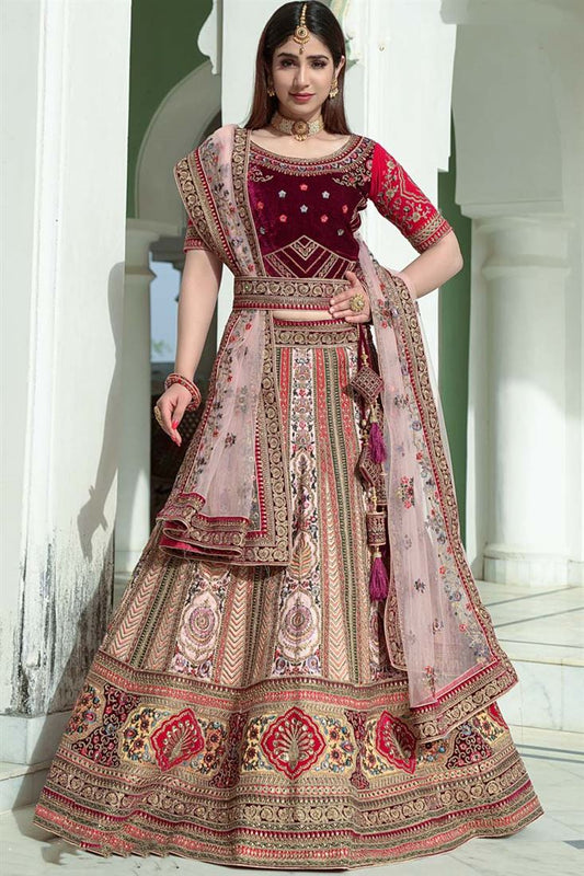 Wedding Wear Velvet Fabric Pink Color Embroidered Work Enchanting Lehenga