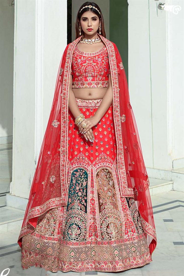 Red Color Silk Fabric Wedding Wear Royal Embroidered Work Lehenga