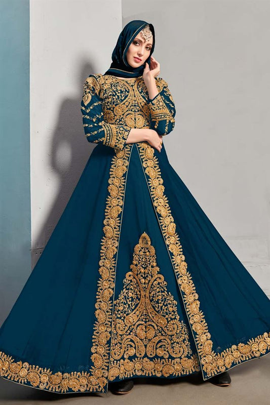 Ingenious Embroidered Work Georgette Fabric Teal Color Sangeet Wear Anarkali Suit