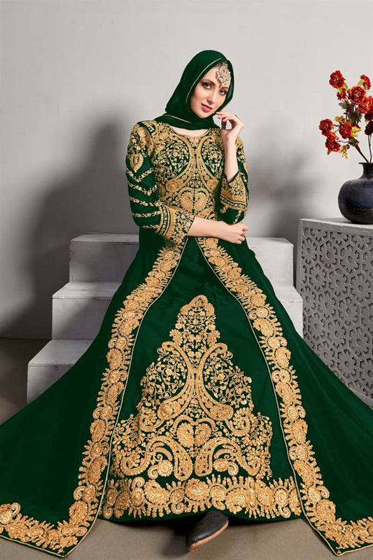 Sangeet Wear Georgette Fabric Green Color Anarkali Suit With Excellent Embroidered Work