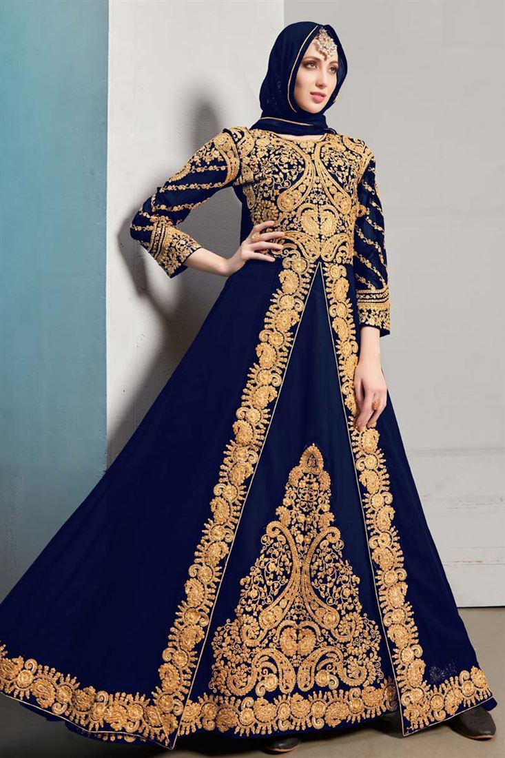 Beguiling Embroidered Work On Navy Blue Color Georgette Fabric Sangeet Wear Anarkali Suit