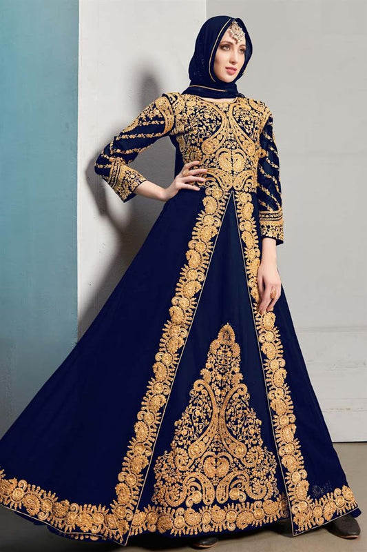 Beguiling Embroidered Work On Navy Blue Color Georgette Fabric Sangeet Wear Anarkali Suit