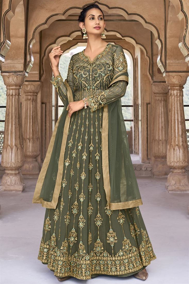 Beautiful Net Mehendi Green Embroidered Anarkali Salwar Suit