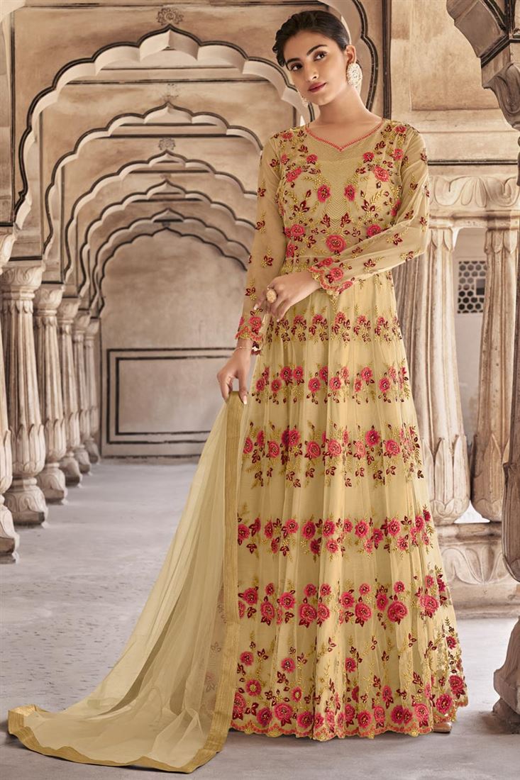 Attractive Embroidered Cream Color Net Fabric Anarkali Salwar Suit