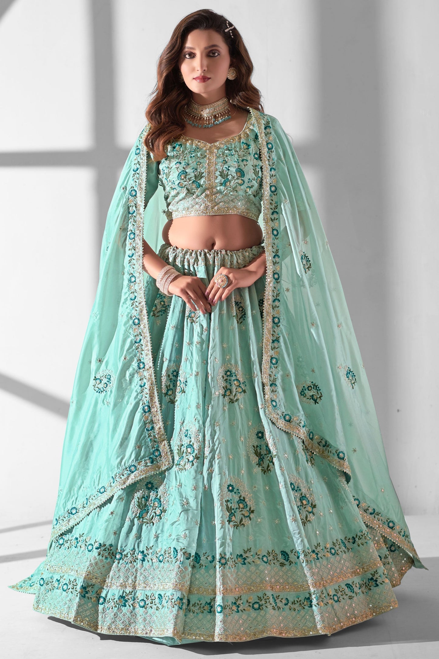 Traditional Sea Green Color Organza Fabric Lehenga For Sangeet